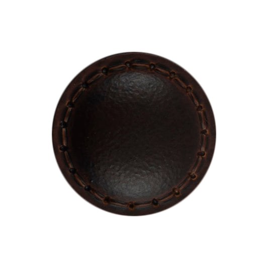 Two chocolate brown imitation leather buttons with stitched rims on a Milward card