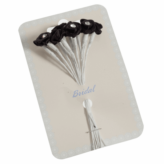 Black Ribbon Rose Flower Stems with Diamante - 13mm (Pack of 12 Stems)