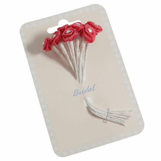 Dark Coral Ribbon Rose Flower Stems with Diamante - 13mm (Pack of 12 Stems)