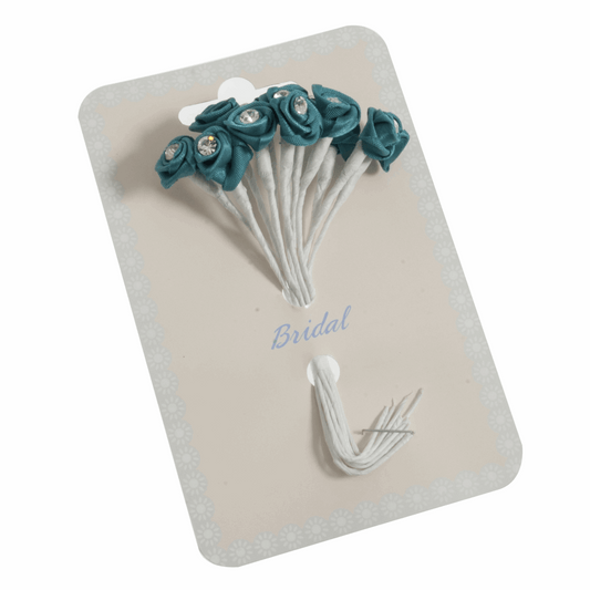Dark Turquoise Ribbon Rose Flower Stems with Diamante - 13mm (Pack of 12 Stems)