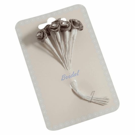 Grey Ribbon Rose Flower Stems with Diamante - 13mm (Pack of 12 Stems)