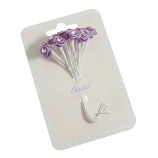 Lilac Ribbon Rose Flower Stems with Diamante - 13mm (Pack of 12 Stems)