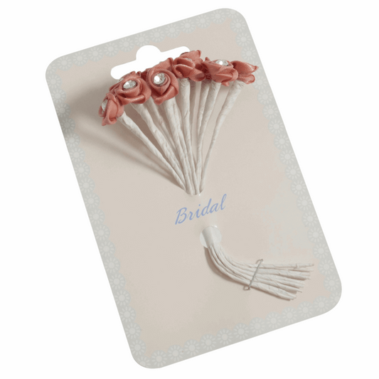 Mink Ribbon Rose Flower Stems with Diamante - 13mm (Pack of 12 Stems)