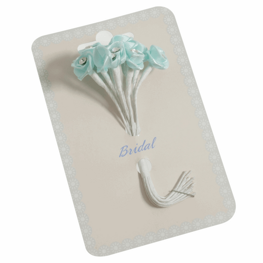 Mint Green Ribbon Rose Flower Stems with Diamante - 13mm (Pack of 12 Stems)