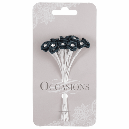 Navy Blue Ribbon Rose Flower Stems with Diamante - 13mm (Pack of 12 Stems)