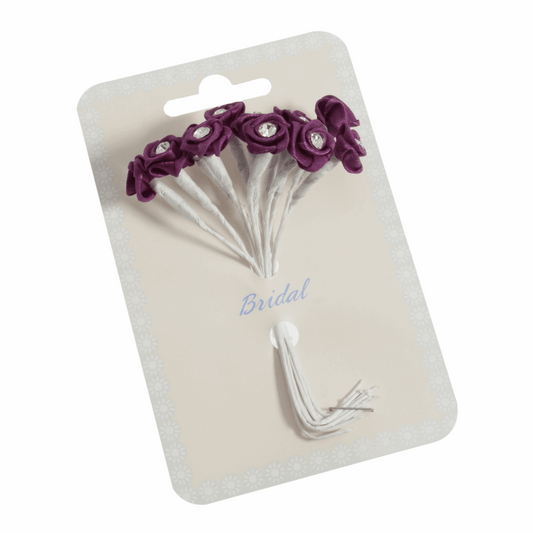Plum Ribbon Rose Flower Stems with Diamante - 13mm (Pack of 12 Stems)