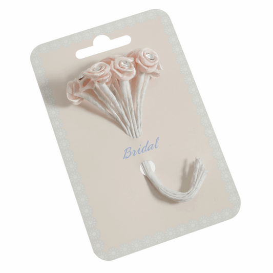 Pale Pink Ribbon Rose Flower Stems with Diamante - 13mm (Pack of 12 Stems)