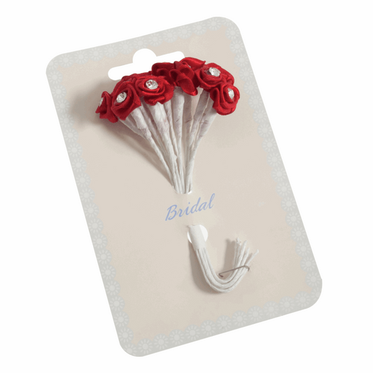 Red Ribbon Rose Flower Stems with Diamante - 13mm (Pack of 12 Stems)