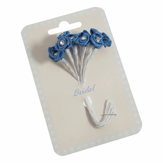 Royal Blue Ribbon Rose Flower Stems with Diamante - 13mm (Pack of 12 Stems)