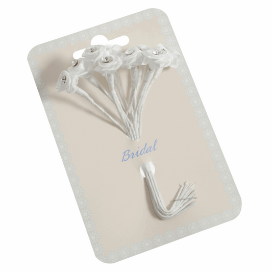 White Ribbon Rose Flower Stems with Diamante - 13mm (Pack of 12 Stems)