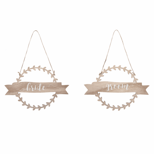 Natural Bride & Groom Chair Sign with Wreath Banner