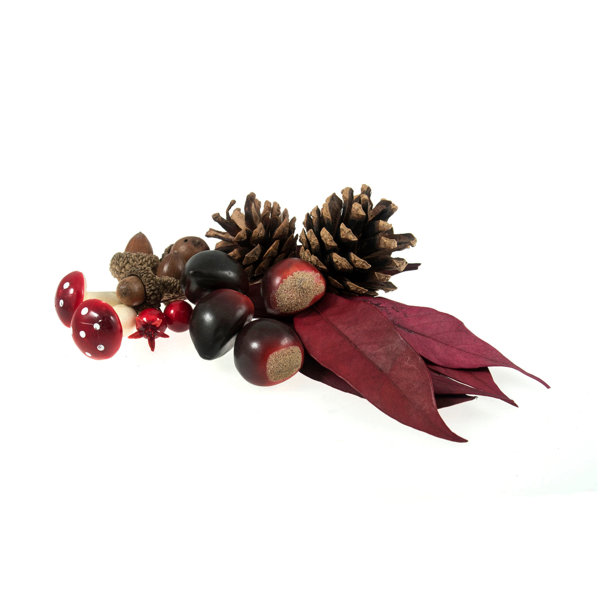 Bag of artificial toadstools, pinecones, acorns, red leaves and berries
