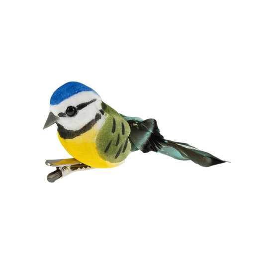 Two small decorative blue tit birds on metal clips