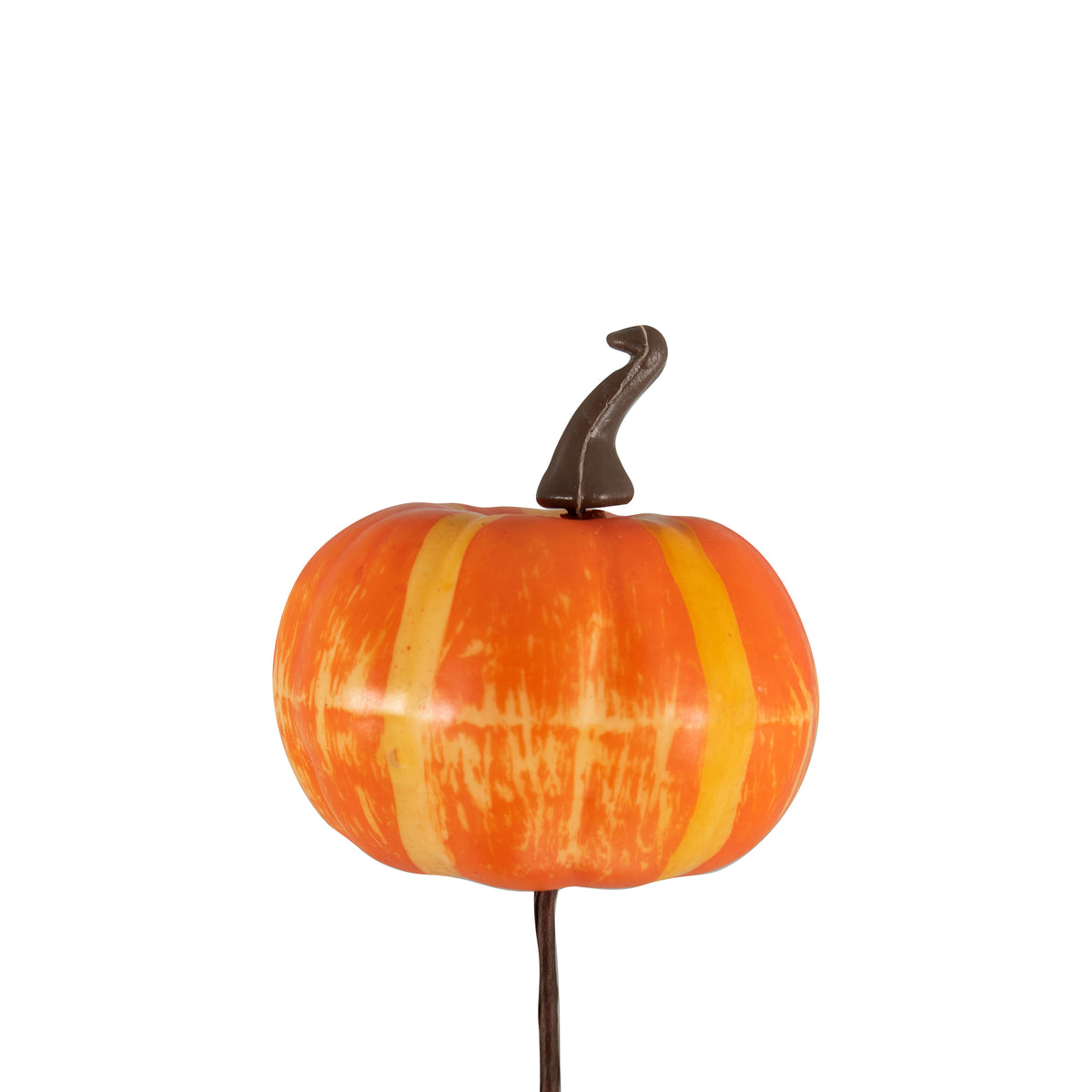 Small orange artificial pumpkin on a wire stem