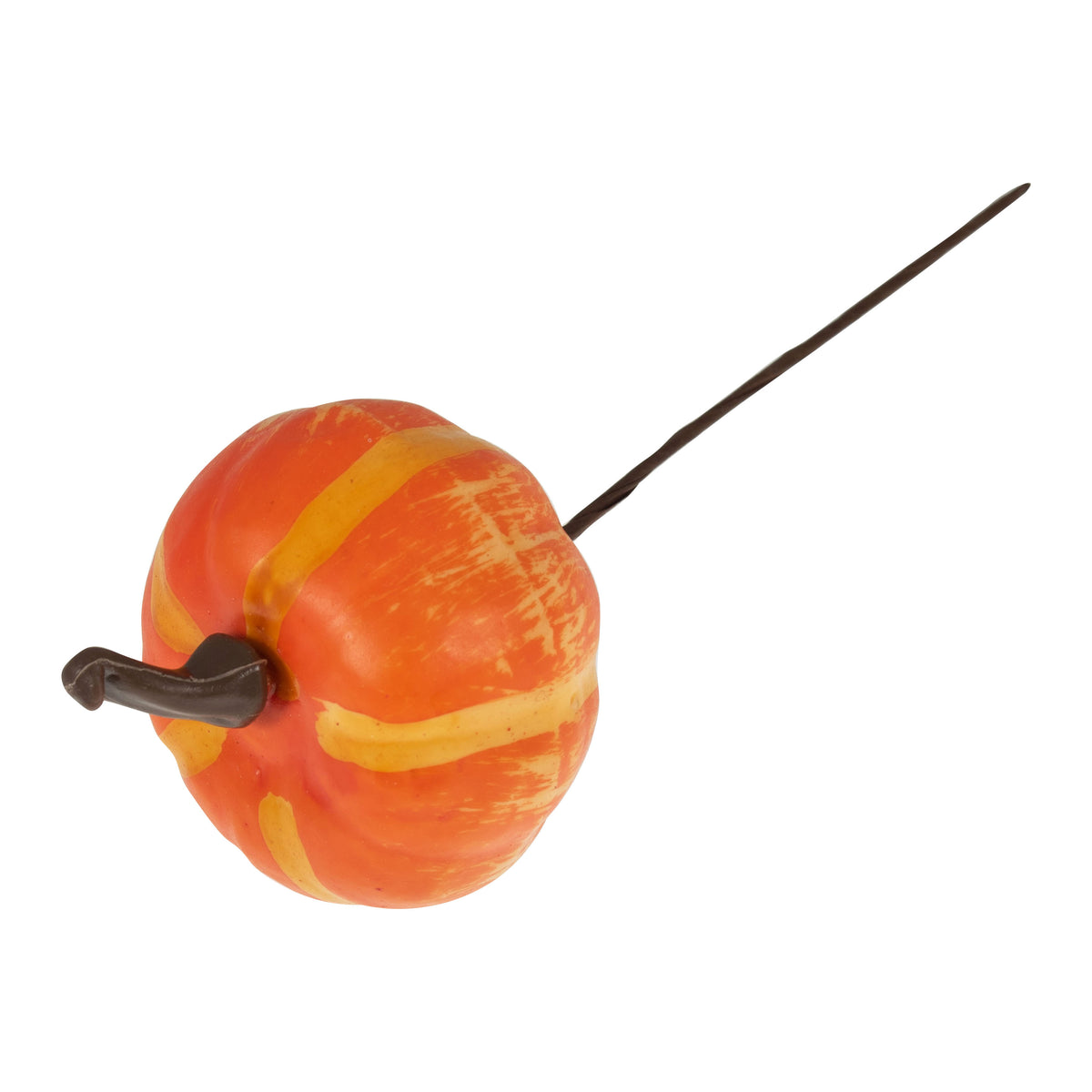 Small orange artificial pumpkin on a wire stem