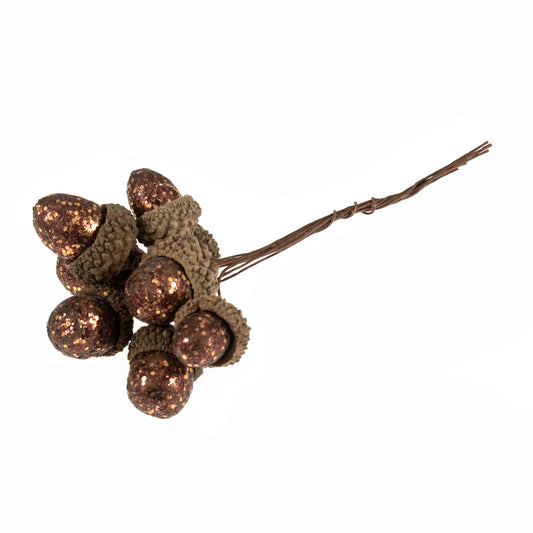 Bunch of bronze glitter acorns on wire stems