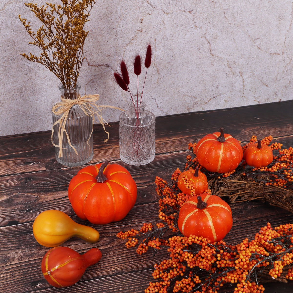 Bag of artificial pumpkins and gourds