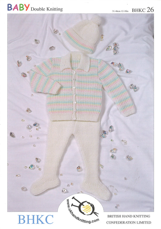Knitting pattern cover showing coat, leggings and hat