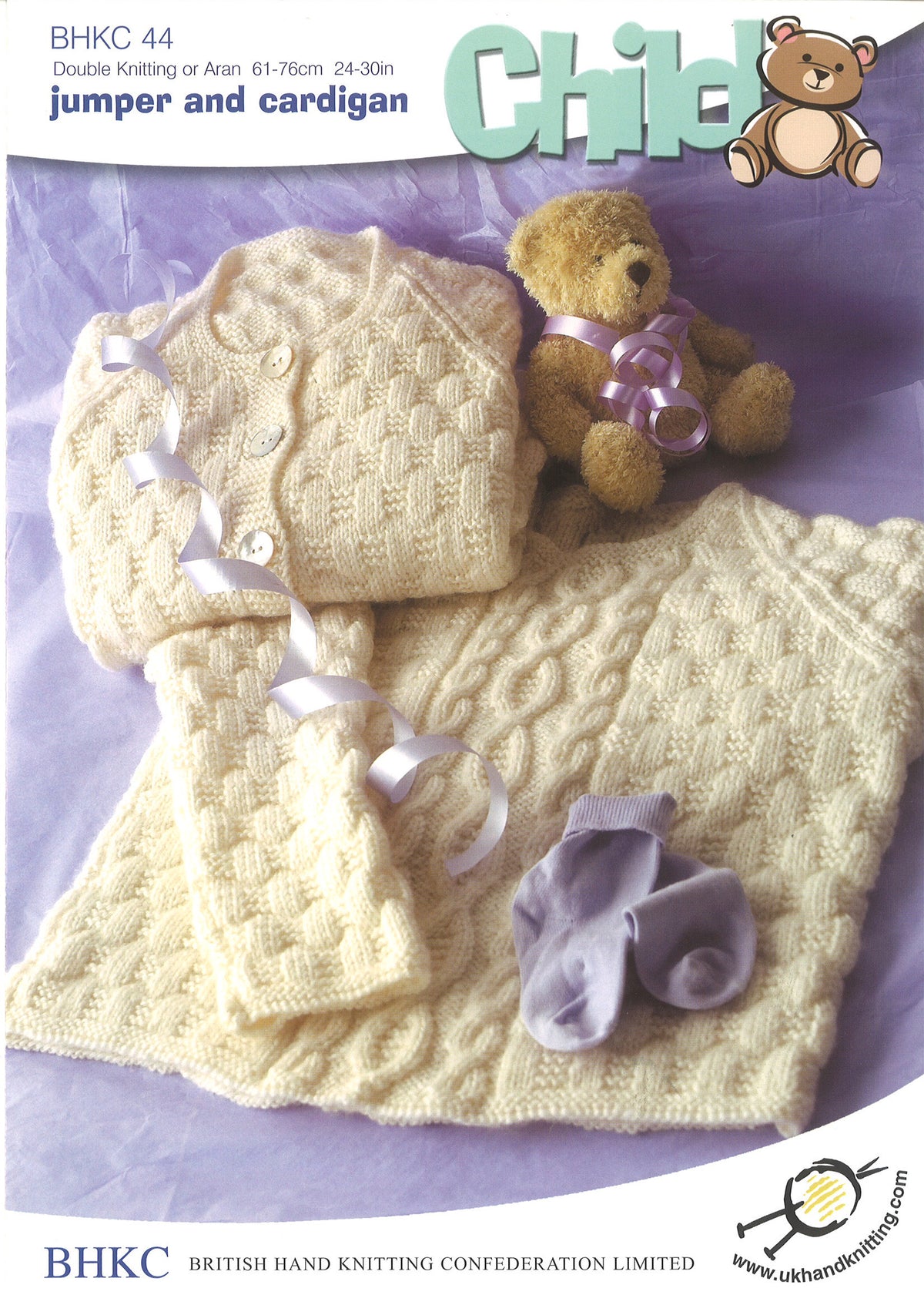 Knitting pattern cover showing jumper and cardigan