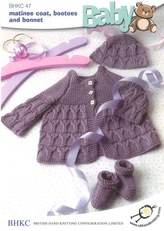 Knitting pattern cover showing matinee coat, bootees and bonnet