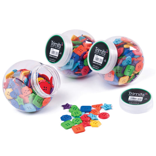 Jar of plastic craft buttons in assorted shapes and colours