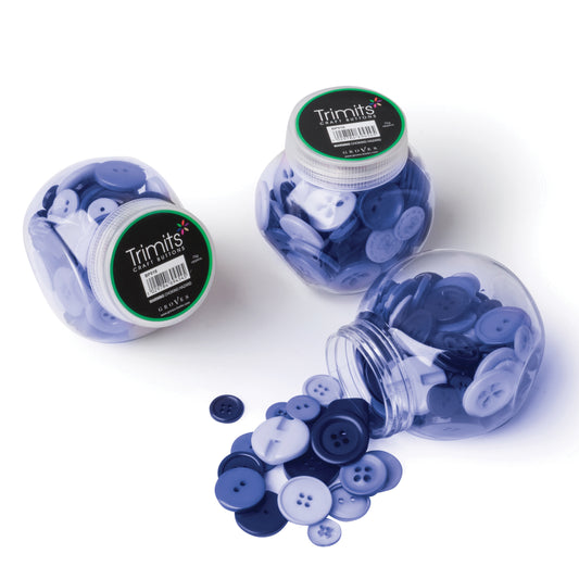 Jar of plastic craft buttons in shades of blue