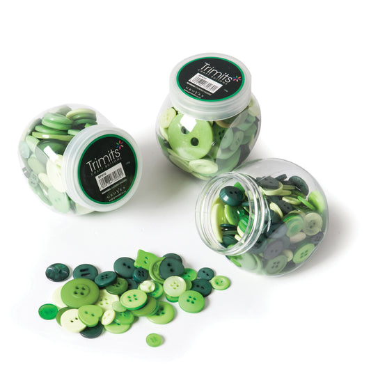 Jar of plastic craft buttons in shades of green