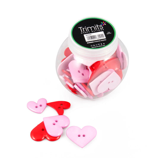 Jar of heart-shaped plastic craft buttons in assorted colours
