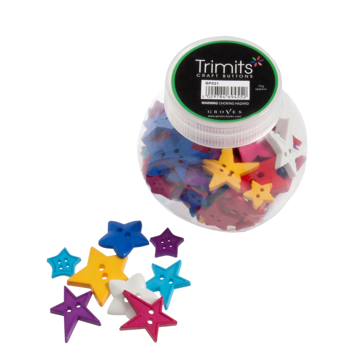 Jar of star-shaped plastic craft buttons in assorted colours