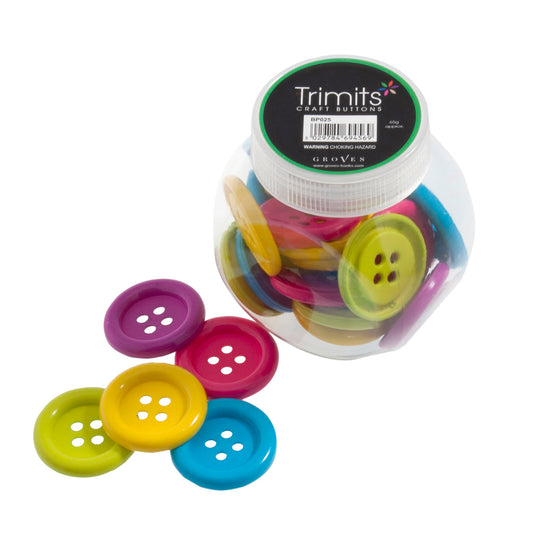 Jar of jumbo plastic craft buttons in assorted colours