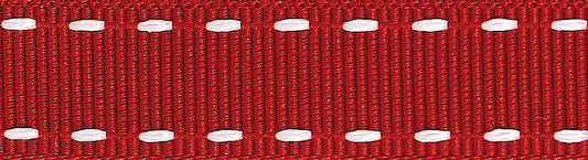 Reel of red and white stitched grosgrain ribbon