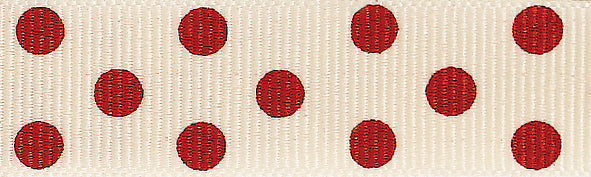 Reel of natural grosgrain ribbon with red spots
