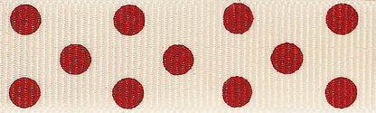 Reel of natural grosgrain ribbon with red spots