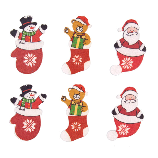 Wooden Christmas stickers showing a snowman, teddy bear and Santa in red stockings and mittens