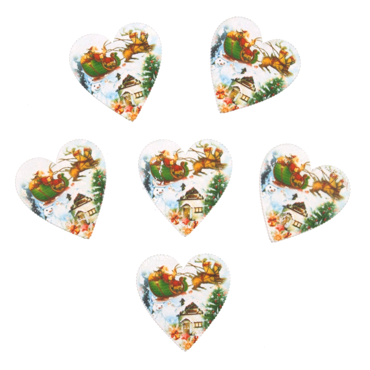 Pack of wooden heart embellishments with a Santa sleigh design