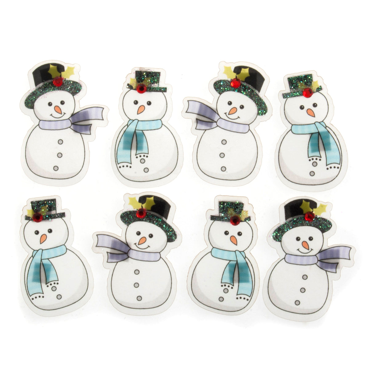 Eight snowman embellishments with glitter top hats and blue and purple scarves