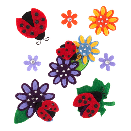 Felt ladybird and flower embellishments in red, purple, orange and yellow with gem centres