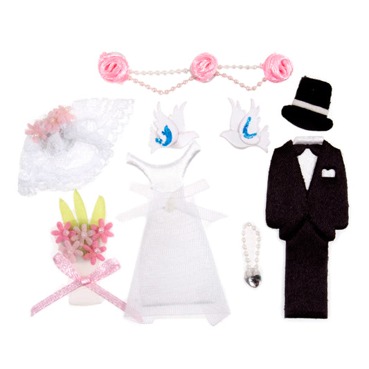 Wedding embellishments including a white dress, black tuxedo and top hat, doves, veil and bouquet