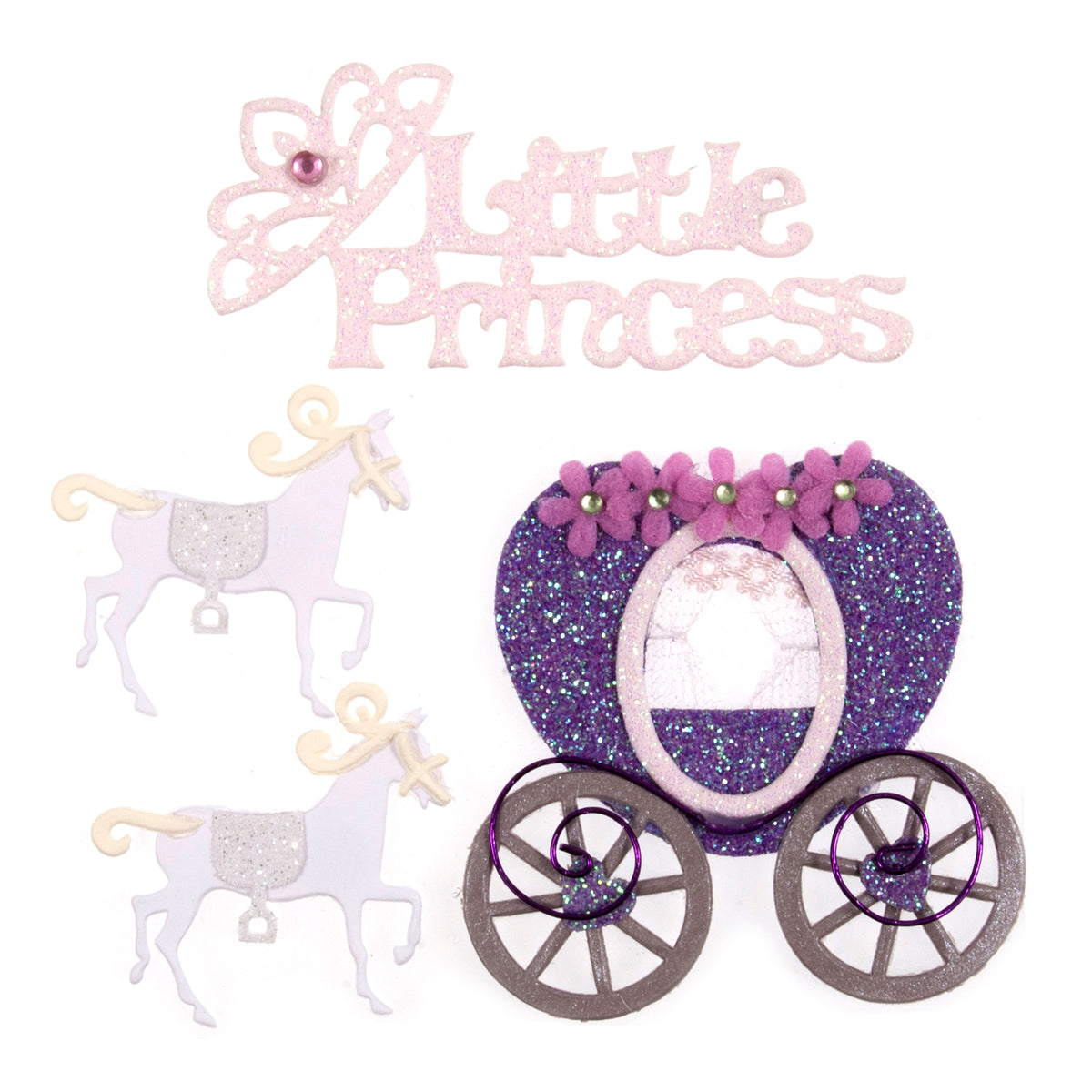 Princess embellishments with a purple glitter carriage, two white horses and Little Princess wording