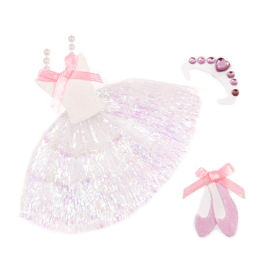 Ballerina embellishments with a white iridescent tutu dress, pink ballet shoes and a tiara