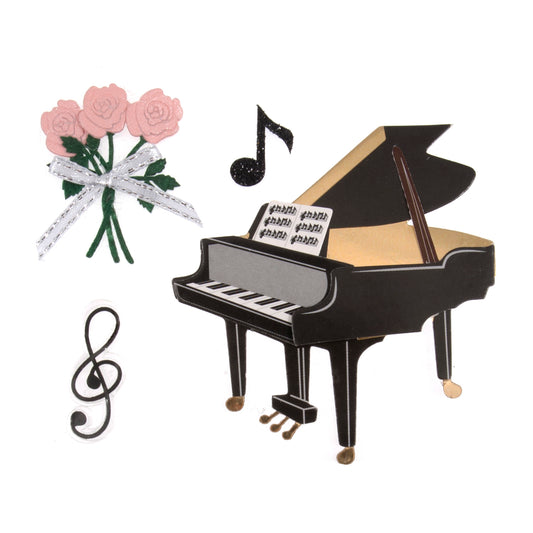 Music embellishments with a black grand piano, treble clef, music note and pink rose bouquet