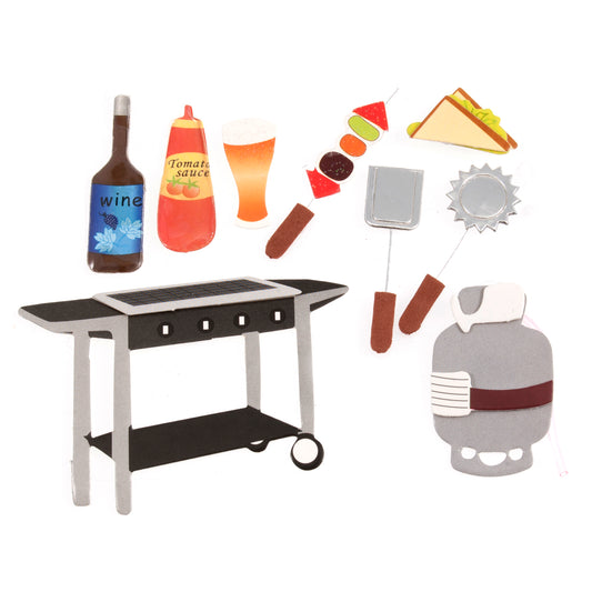 Barbecue embellishments including a grill, gas bottle, utensils, drinks and food