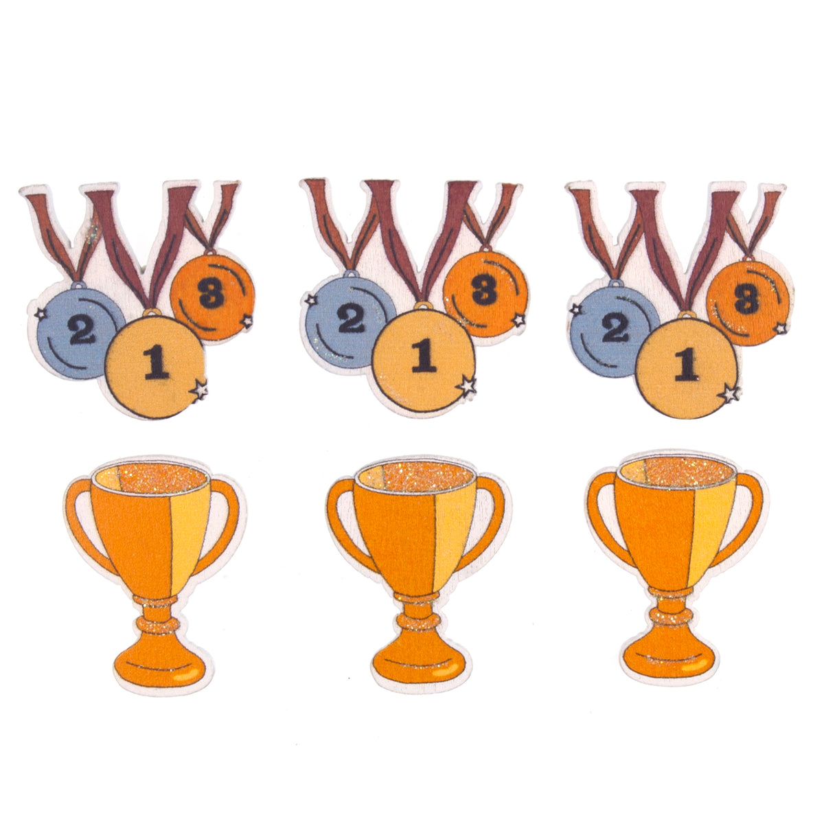 Three gold trophies and three sets of gold, silver and bronze medals