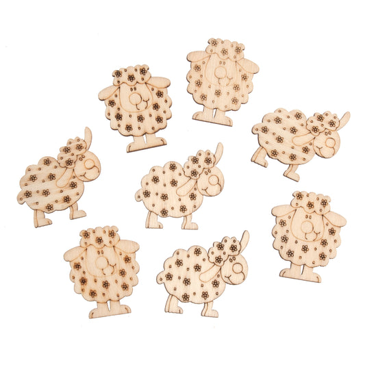Eight wooden cartoon sheep craft embellishments