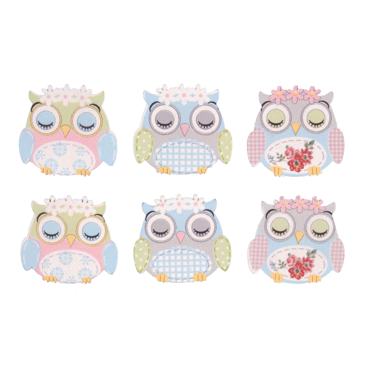 Six pastel sleeping owl embellishments with floral and gingham prints