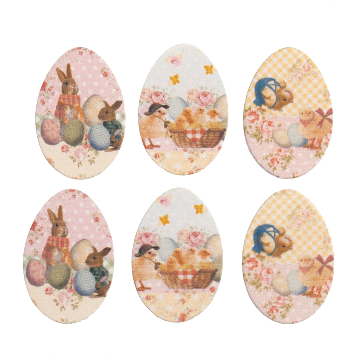 Six wooden Easter egg embellishments with bunny and chick designs