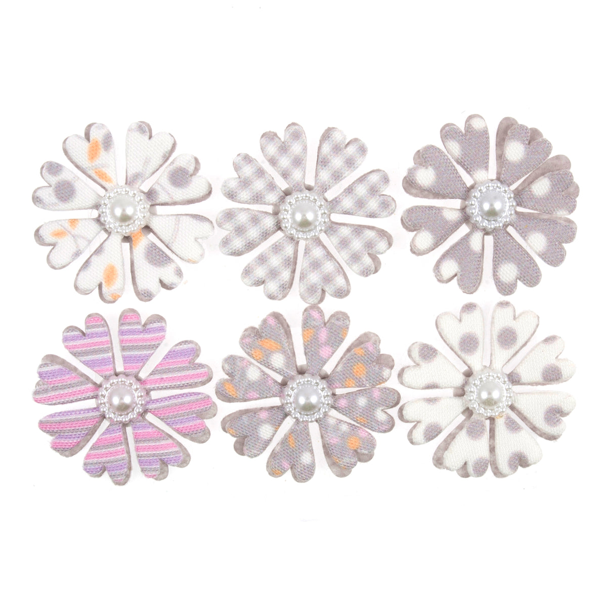Six grey flower head embellishments with pearls