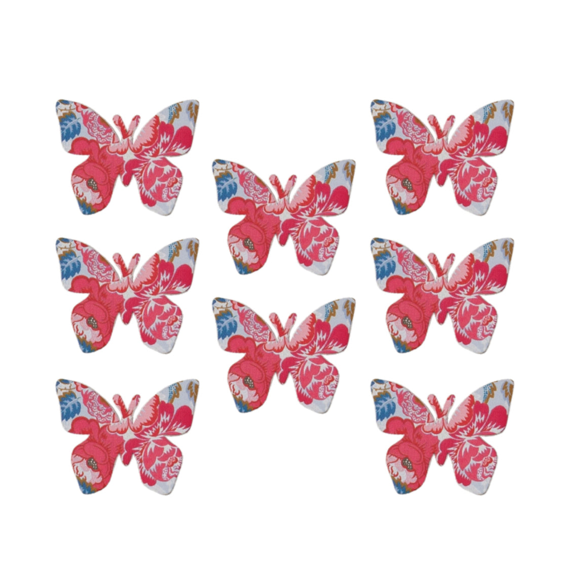 Pink printed wooden butterflies with self-adhesive backs
