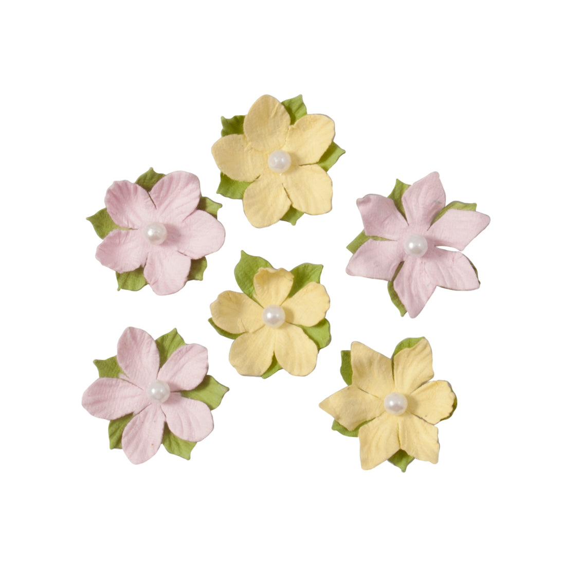 Pink and yellow paper flowers with pearl centres