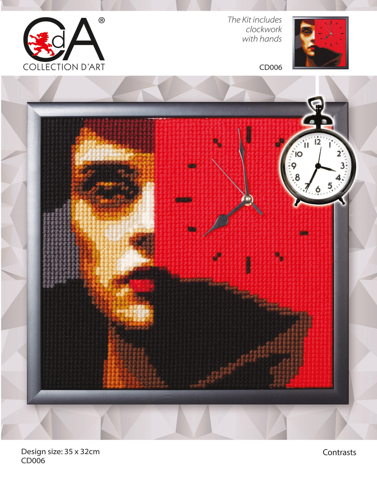 Stitched red and black portrait design with a clock face, shown framed